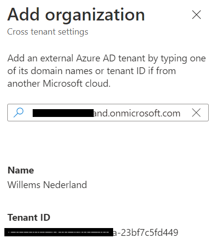 Add Organization in Cross tenant settings