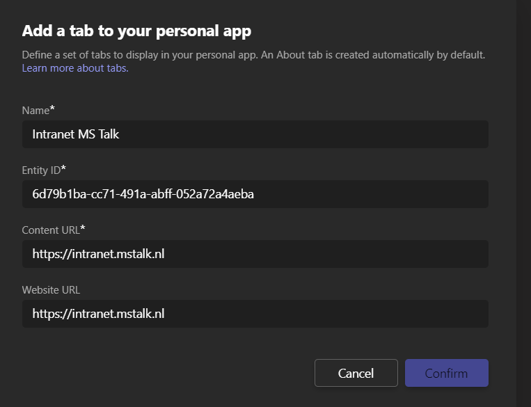 Add tab to your personal app